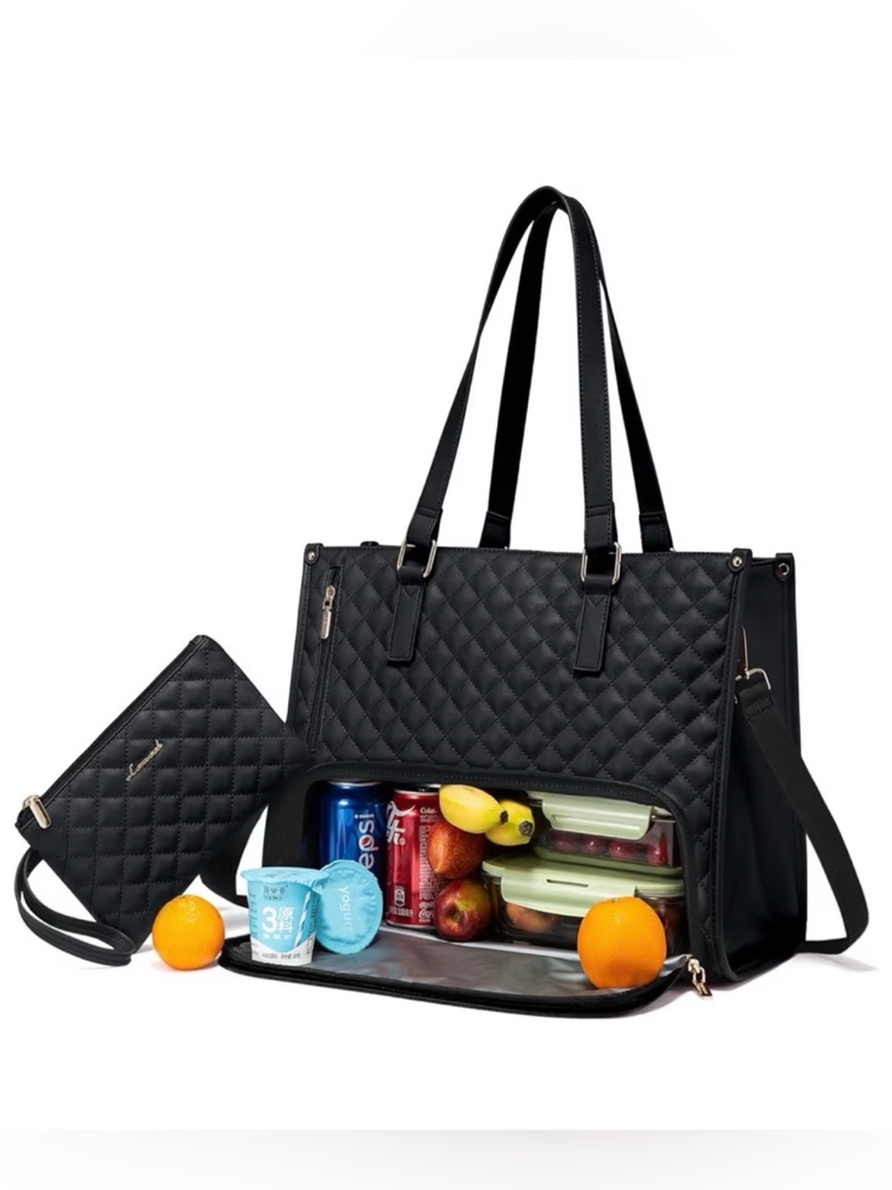 Lovevook Black Quilted Tote Bag Carry All Lunch Laptop Large Shoulder Bag Purse
